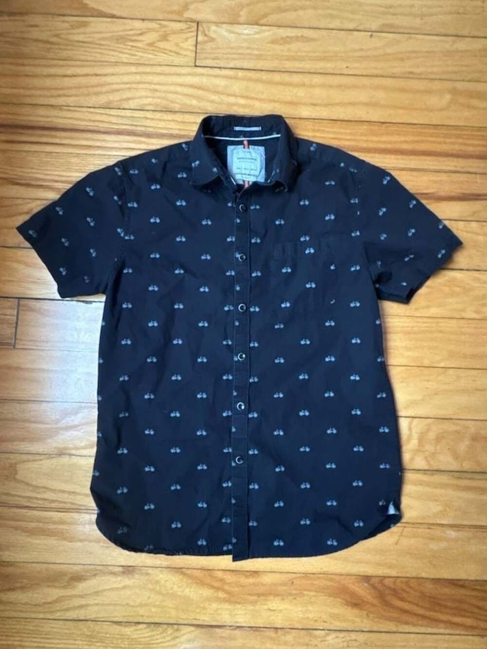 Vintage-Inspired Bicycle Print Button Up Shirt Men’s S Charcoal Gray Cycling Cor